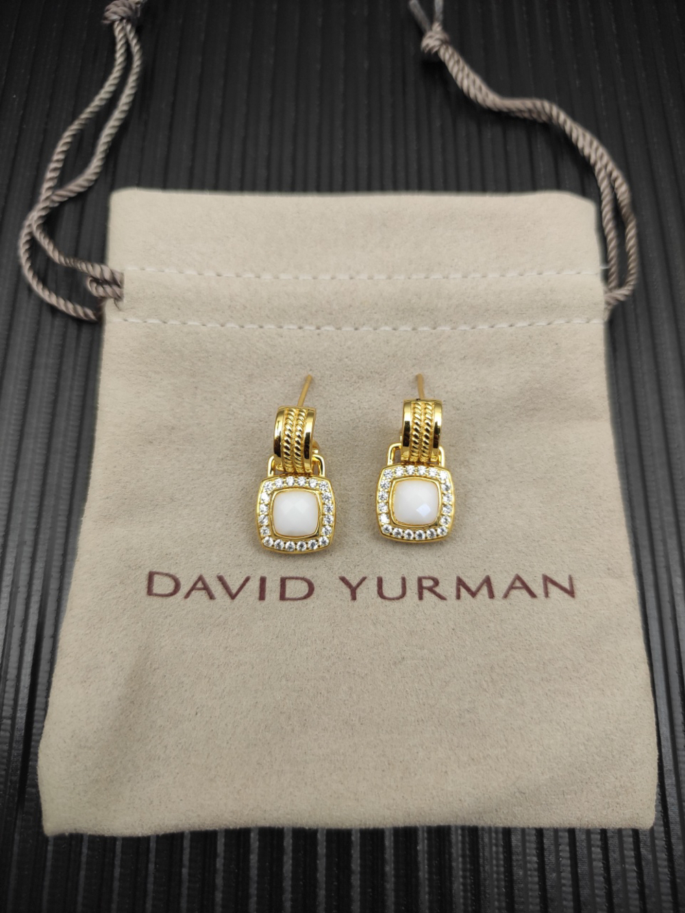 David Yurman Gold and White Onyx Square Diamond Button Earrings